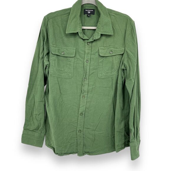 True Religion Forest Green Long Sleeve Utility Button Up Shirt Men's L - Picture 1 of 7
